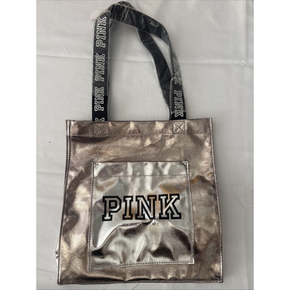 Victoria’s Secret PINK Silver Metallic Chrome Logo Tote Bag New